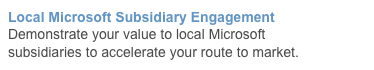 Local Microsoft Subsidiary Engagement
Demonstrate your value to local Microsoft subsidiaries to accelerate your route to market.